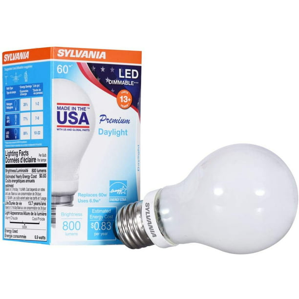 4 Pack SYLVANIA 40 Watt Equivalent A19 LED Light Bulbs Non-Dimmable Made in the USA with US and Global Parts Daylight Color 5000K 